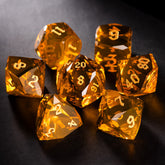Faceted Yellow Glass Dice Set – Handcrafted K9 Crystal RPG Dice with Golden Engravings for Dungeons & Dragons & Collectors